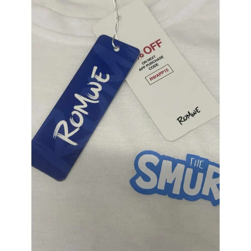 NWT SMURFS X Romwe L White Short Sleeve Peyo T-Shirt Casual Retro Cartoon 80's - Picture 3 of 9